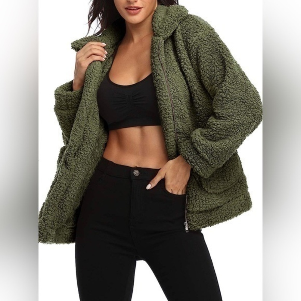 Fuzzy Green Fleece Sherpa Jacket